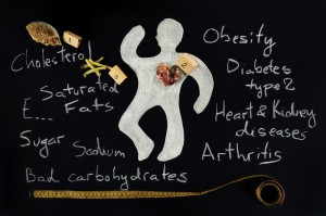 Obese figure on blackboard